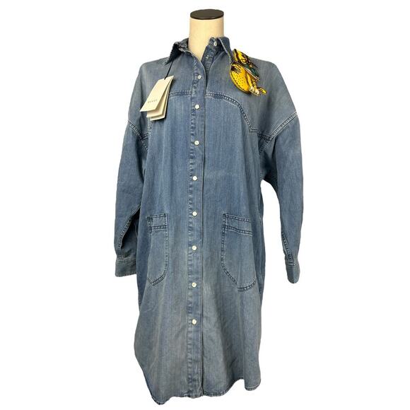 Gucci NWT SS 19 Bleached Oversized Denim Midi Dress w/ Cat Broach 38 M - Picture 2 of 9
